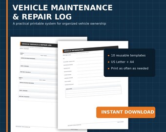 Vehicle Maintenance Log, Car Service Record, Auto Repair Tracker (PDF Download)