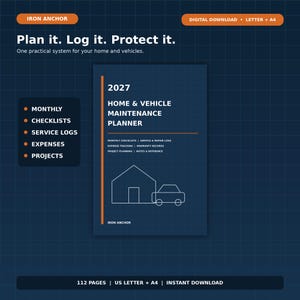 May include: A 2027 home and vehicle maintenance planner digital download with a dark blue grid background. The cover features white text, an orange vertical line, and line art of a house and car. Includes sections for monthly checklists, service logs, expenses, and projects.
