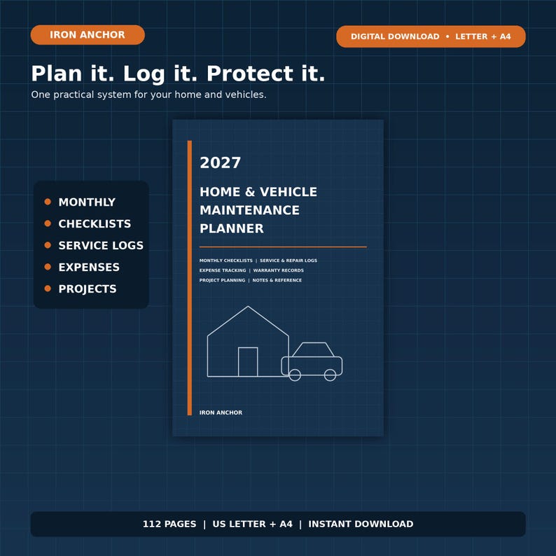 May include: A 2027 home and vehicle maintenance planner digital download with a dark blue grid background. The cover features white text, an orange vertical line, and line art of a house and car. Includes sections for monthly checklists, service logs, expenses, and projects.