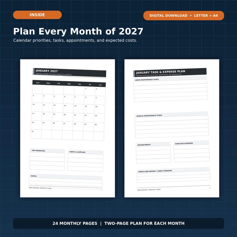 May include: A digital download planner for 2027 featuring two pages per month. The layout includes a January 2027 calendar, sections for top priorities, parts, supplies, notes, home maintenance tasks, vehicle maintenance, appointments, and expenses.
