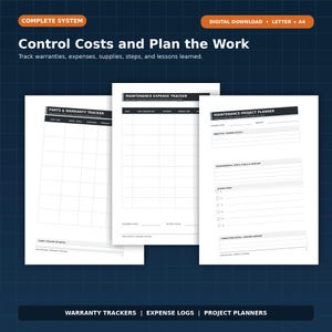May include: A digital download set of three white printable forms on a dark blue grid background. The documents include a Parts & Warranty Tracker, a Maintenance Expense Tracker, and a Maintenance Project Planner with black headers and text.