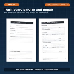 May include: A digital download document featuring two white pages with black text. The left page is a Vehicle 1 Profile for identification and registration notes. The right page is a Vehicle Service and Repair Log for tracking maintenance.