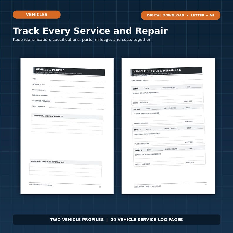May include: A digital download document featuring two white pages with black text. The left page is a Vehicle 1 Profile for identification and registration notes. The right page is a Vehicle Service and Repair Log for tracking maintenance.