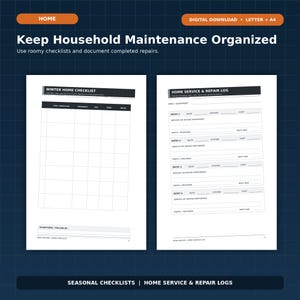 May include: A digital download document for home maintenance featuring a Winter Home Checklist and a Home Service & Repair Log. The layout includes grids for item inspection, frequency, due dates, and repair logs with fields for cost and parts.