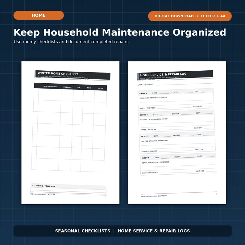 May include: A digital download document for home maintenance featuring a Winter Home Checklist and a Home Service & Repair Log. The layout includes grids for item inspection, frequency, due dates, and repair logs with fields for cost and parts.