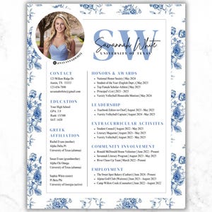 Plantilla de currículum y carta de presentación para la hermandad Blue Floral / Diseño Canva editable con foto / Paquete de reclutamiento para hermandades / Descarga digital