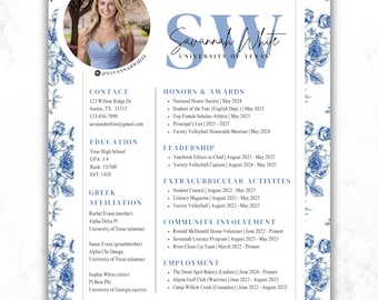 Blue Floral Sorority Lebenslauf Vorlage & Anschreiben (Digitaler Download)