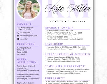 Op de afbeelding: Een cv-sjabloon met een foto van een vrouw. Het cv is in een lavendel- en wit kleurenschema, met secties voor contactgegevens, opleiding, onderscheidingen en buitenschoolse activiteiten. Maten in cm.