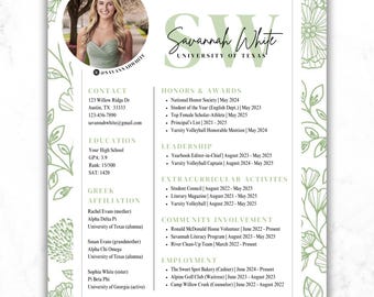 Plantilla de currículum y carta de presentación para hermandades con flores verde salvia / Diseño editable en Canva / Paquete de reclutamiento para hermandades / Descarga digital