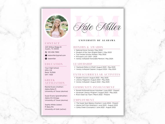 Pink Sorority Resume Template & Cover Letter | Editable Canva Design (Digital Download)
