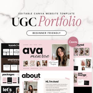 May include: An editable Canva website template for a UGC portfolio featuring a pink and black color scheme. The layout includes sections for brands collaborated with, testimonials, packages, and an about me section with text and photos.