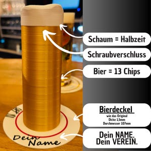 May include: A golden-colored beer glass with a white foam top, resting on a coaster. The coaster has a red border and the words "Dein Name" printed on it. The image also includes text in German.