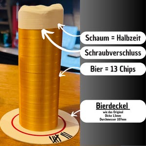 Op de afbeelding: Een goudkleurig bierglas met een witte schuimkraag, op een ronde bierviltje. Het bierviltje heeft een rode ring en de tekst "Bierdeckel". De afbeelding bevat ook de tekst "Schaum = Halbzeit", "Schraubverschluss" en "Bier = 13 Chips".