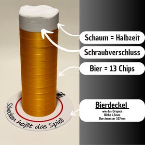 May include: A golden beer glass with a white foam head, standing on a white coaster with red trim. The coaster has the text "Schocken heißt das Spiel!" The image includes German text labels. The coaster has a diameter of 107mm.