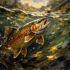 Op de afbeelding: Olieverfschilderij dat een forel toont die uit het water springt naar een vlieg. De vis is gedetailleerd met bruine, oranje en gele tinten, tegen een achtergrond van groen en blauw water. Het kunstwerk legt de dynamische actie van het vliegvissen vast.