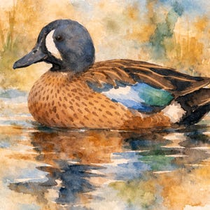 May include: Watercolor painting of a duck floating on water. The duck has a blue head, brown body with speckled markings, and a white stripe near its eye. The water reflects the duck and surrounding foliage.