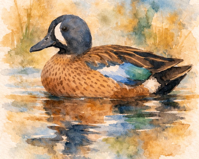 May include: Watercolor painting of a duck floating on water. The duck has a blue head, brown body with speckled markings, and a white stripe near its eye. The water reflects the duck and surrounding foliage.