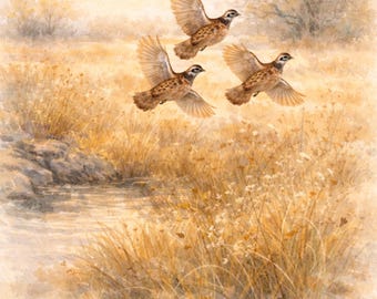 Vintage Quail Watercolor Print, Prairie Bird Wall Art, Warm Rustic Wildlife Printable