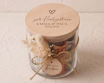 Tarro de almacenamiento personalizado para bodas | Regalo de dinero para los novios, regalo de boda con nombres, obsequio de boda