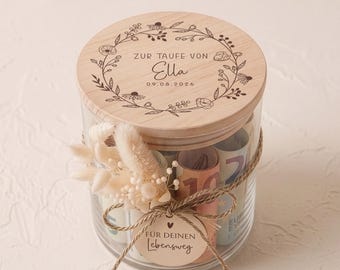 Regalo de bautizo personalizado | Tarro de almacenamiento para bautizo con nombre, regalo de dinero para el bautizo del ahijado/a, tapa de madera, flores secas y colgante