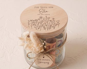 Regalo de bautizo personalizado | Tarro de almacenamiento para bautizo con nombre, regalo de dinero para el bautizo del ahijado/a, tapa de madera, flores secas y colgante