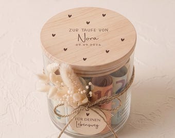 Personalized christening gift | Christening storage jar with name, christening money gift for godchild, wooden lid, dried flowers & pendant