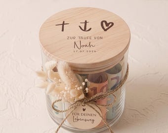 Regalo de bautizo personalizado | Tarro de almacenamiento para bautizo con nombre, regalo de dinero para el bautizo del ahijado/a, tapa de madera, flores secas y colgante