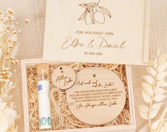 Wedding gift, engraved money gift for the wedding | Wooden box with names, date and lemon, beautiful keepsake box for the registry office