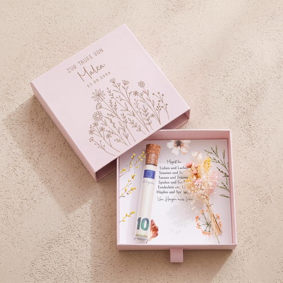 Personalisiertes Geldgeschenk zur Taufe | Geschenk zur Taufe Rosa Geschenkbox mit Wildblumen & Trockenblumen, Taufgeschenk Mädchen mit Namen