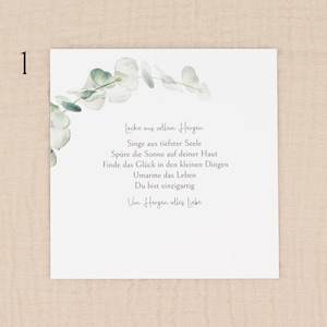 May include: A white card with a watercolor eucalyptus design in the upper left corner. The card features handwritten text in German, including phrases like "Lache aus vollem Herzen" and "Du bist einzigartig."