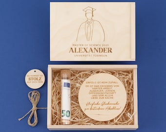 Personalized money gift for Master's degree recipients with name | Engraved box, congratulations on passing the exam