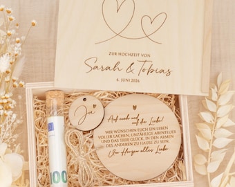 Personalized wedding gift with names & date, two hearts | Gift for the bride and groom, wedding present, wooden box