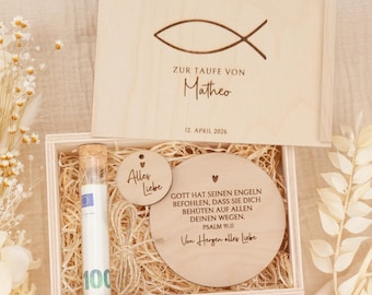 Baptism gift, Ichthys in a wooden box with name, date & baptismal verse | Personalized gift for godchild