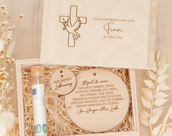 Personalized money gift for confirmation: cross with dove, personalized with name | Confirmation gift, wooden keepsake box for godchild
