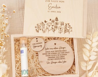 Baptism keepsake box, flowers | Money gift for godchild, personalized with name & baptismal verse, high-quality wooden baptismal gift