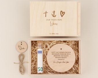 Dinero para regalo de bautizo "Fe, Esperanza, Amor", personalizado con nombre y fecha de bautizo | Regalo de bautizo, caja de madera para ahijado, versículo bautismal