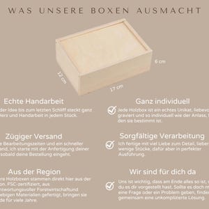 May include: A light-colored wooden box with a lid. The box measures 6 cm high, 17 cm long, and 12 cm wide. Text in German describes the box's features, including craftsmanship and individualization.