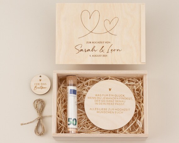 Geldgeschenk zur Hochzeit personalisiert mit Namen & Datum, Zwei Herzen | Geschenk für Brautpaar, Hochzeitsgeschenk, Holzbox, Erinnerungsbox