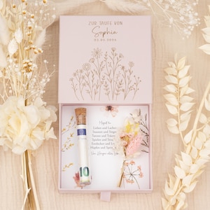 Personalized christening money gift | Christening gift, pink gift box with wildflowers & dried flowers, christening gift for girls with name image 1