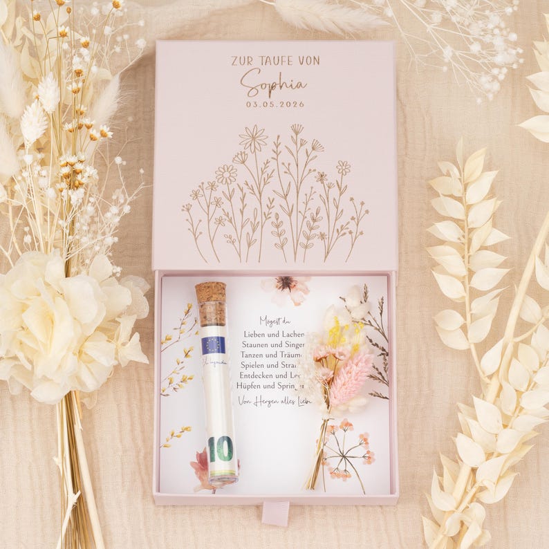 Personalized christening money gift | Christening gift, pink gift box with wildflowers & dried flowers, christening gift for girls with name image 1