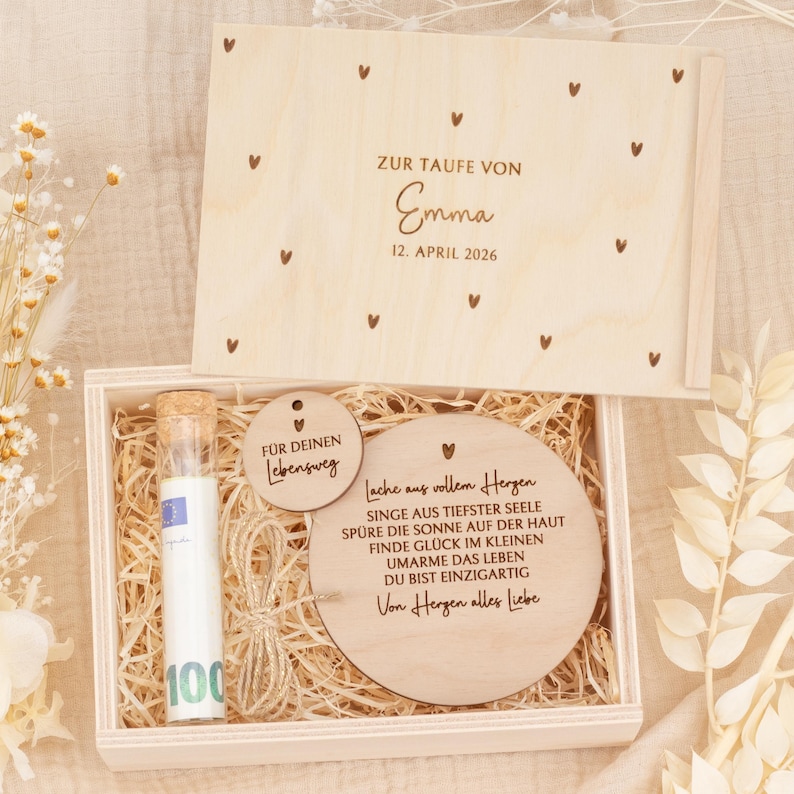 Baptism gift with hearts, personalized with name and baptism date | Baptism gift, wooden keepsake box for godchild, baptismal verse image 1