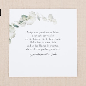 May include: A square white card featuring a watercolor illustration of green eucalyptus leaves along the top left corner. The card contains German text that reads: M&ouml;ge euer gemeinsames Leben noch sch&ouml;ner werden als die Tr&auml;ume, die ihr heute habt.