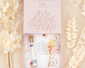 Personalisiertes Geldgeschenk zur Kommunion | Kommunionsgeschenk Mädchen mit Namen, Kommunion Geschenk, Geschenkbox mit Trockenblumen