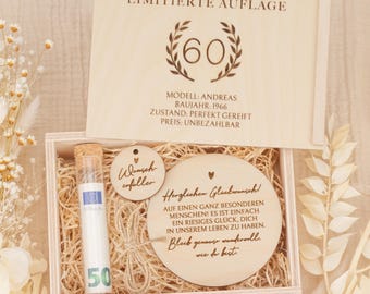 Geldgeschenk zum 60. Geburtstag personalisiert | Personalisierte Kiste mit Gravur, Geschenkidee, Geburtstagsgeschenk, Lustiges Geschenk