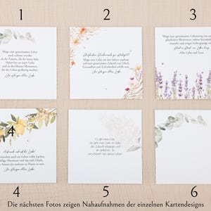 May include: Six square white cards numbered one through six, each featuring unique watercolor illustrations of eucalyptus, wildflowers, lavender, and lemons, accompanied by German text and elegant script typography for wedding or event stationery.