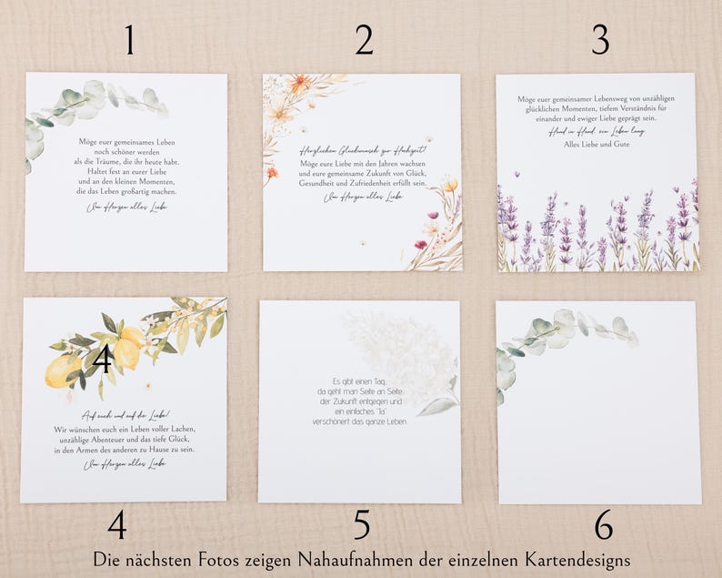 May include: Six square white cards numbered one through six, each featuring unique watercolor illustrations of eucalyptus, wildflowers, lavender, and lemons, accompanied by German text and elegant script typography for wedding or event stationery.