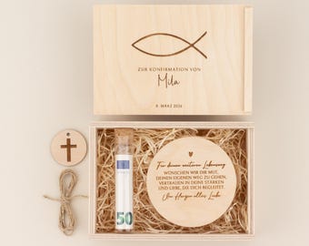 Confirmation gift, money gift Ichthys, personalized with name | Wooden keepsake box for godchild