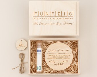 Regalo personalizado de dinero para el 50 cumpleaños | Caja grabada, idea de regalo, regalo de cumpleaños, regalo divertido de Scrabble