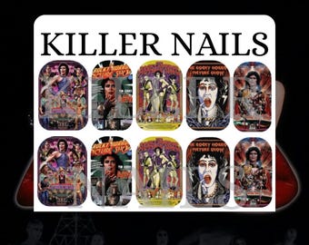 May include: Nail art decals featuring imagery from "The Rocky Horror Picture Show." The decals display characters and scenes from the film, with the text "KILLER NAILS" clearly visible.