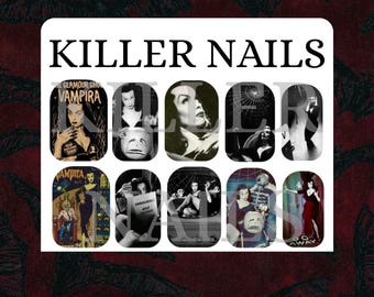 May include: Nail art decals with a horror theme. The white background features the text "KILLER NAILS" and several black and white images of vintage horror movie stars and scenes. The background is a dark red with black bat silhouettes.